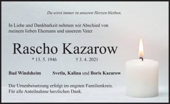 Traueranzeige von Rascho Kazarow von Windsheimer Zeitung Lokal