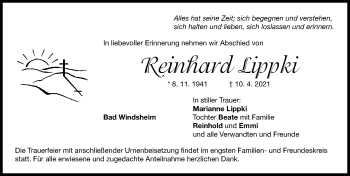 Traueranzeige von Reinhard Lippki von Windsheimer Zeitung Lokal