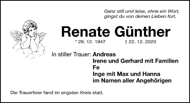  Traueranzeige für Renate Günther vom 17.04.2021 aus Gesamtausgabe Nürnberger Nachrichten/ Nürnberger Ztg.