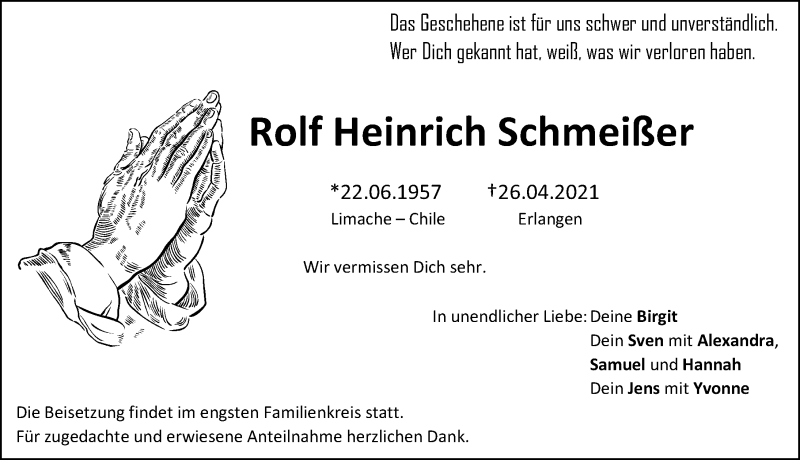  Traueranzeige für Rolf Heinrich Schmeißer vom 30.04.2021 aus Schwabacher Tagblatt Lokal