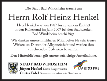 Traueranzeige von Rolf Heinz Henkel von Windsheimer Zeitung Lokal