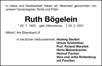 Traueranzeige von Ruth Bögelein von Gesamtausgabe Nürnberger Nachrichten/ Nürnberger Ztg.