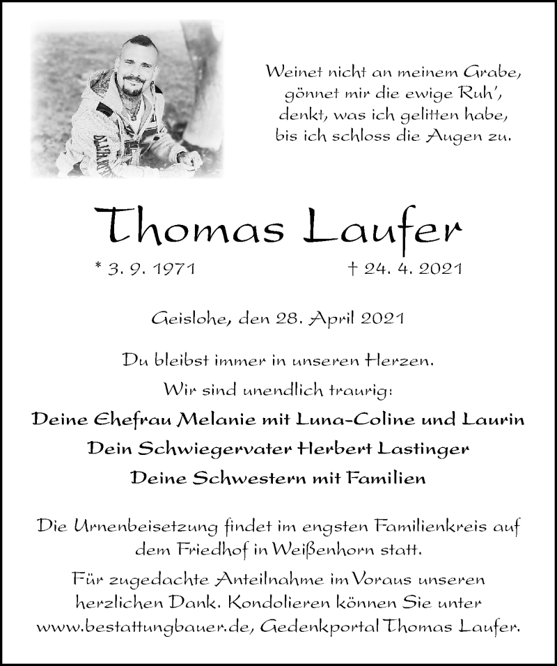  Traueranzeige für Thomas Laufer vom 28.04.2021 aus Altmühl-Bote Lokal