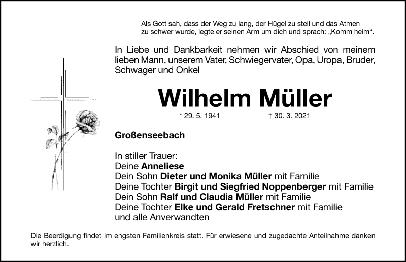 Traueranzeige für Wilhelm Müller vom 03.04.2021 aus Nordbayerische Nachrichten Herzogenaurach Lokal