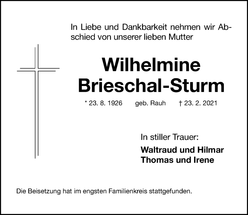  Traueranzeige für Wilhelmine Brieschal-Sturm vom 17.04.2021 aus Gesamtausgabe Nürnberger Nachrichten/ Nürnberger Ztg.