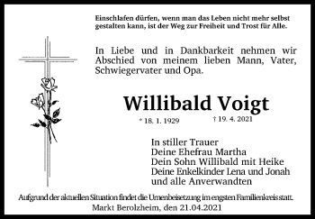 Traueranzeige von Willibald Voigt von Altmühl-Bote Lokal