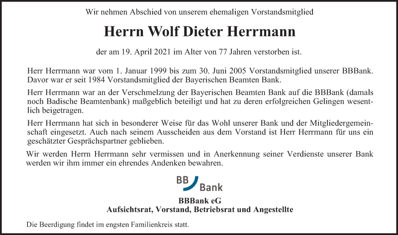 Traueranzeige für Wolf Dieter Herrmann vom 23.04.2021 aus Gesamtausgabe Nürnberger Nachrichten/ Nürnberger Ztg./ Erlanger Nachrichten