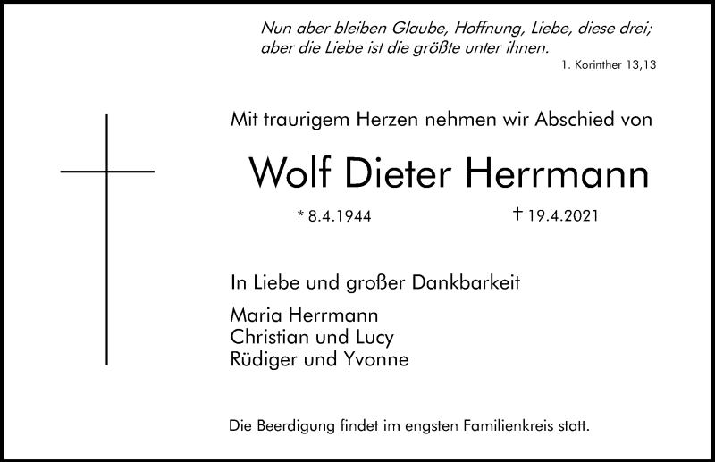  Traueranzeige für Wolf Dieter Herrmann vom 22.04.2021 aus Gesamtausgabe Nürnberger Nachrichten/ Nürnberger Ztg./ Erlanger Nachrichten