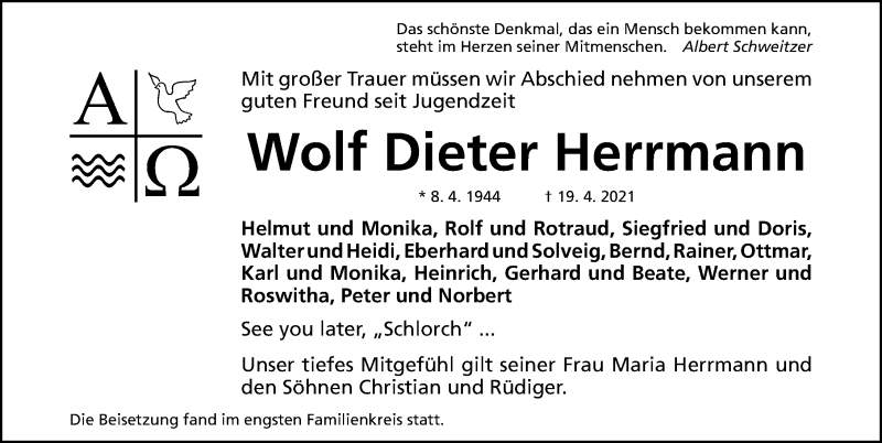  Traueranzeige für Wolf Dieter Herrmann vom 27.04.2021 aus Erlanger Nachrichten Lokal