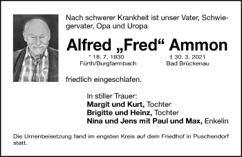 Traueranzeige von Alfred Ammon von Fürther Nachrichten/ Neumarkter Nachrichten