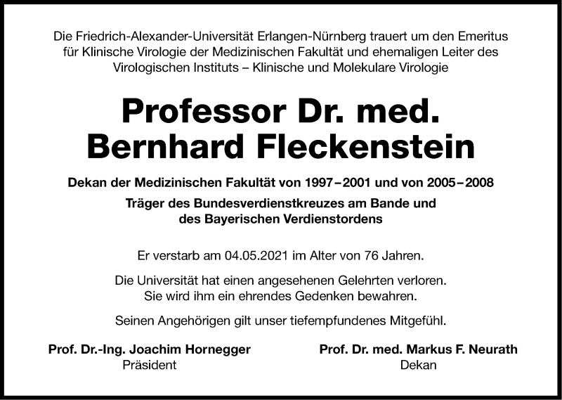  Traueranzeige für Bernhard Fleckenstein vom 07.05.2021 aus Gesamtausgabe Nürnberger Nachrichten/ Nürnberger Ztg.
