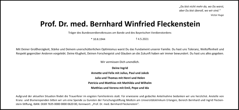  Traueranzeige für Bernhard Fleckenstein vom 07.05.2021 aus Gesamtausgabe Nürnberger Nachrichten/ Nürnberger Ztg./ Erlanger Nachrichten