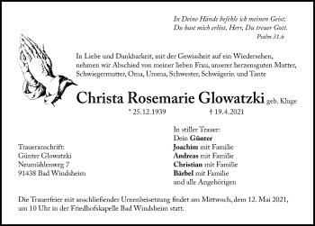 Traueranzeige von Christa Rosemarie Glowatzki von Windsheimer Zeitung Lokal