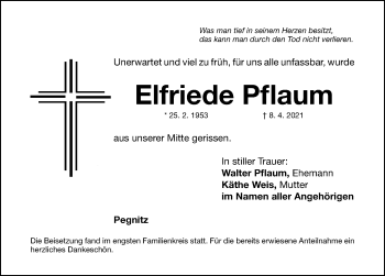 Traueranzeige von Elfriede Pflaum von Nordbayerische Nachrichten Pegnitz Lokal