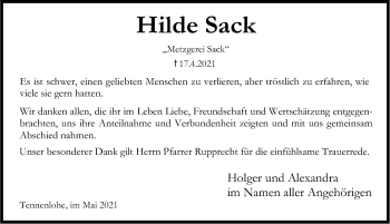 Traueranzeige von Hilde Sack von Erlanger Nachrichten Lokal