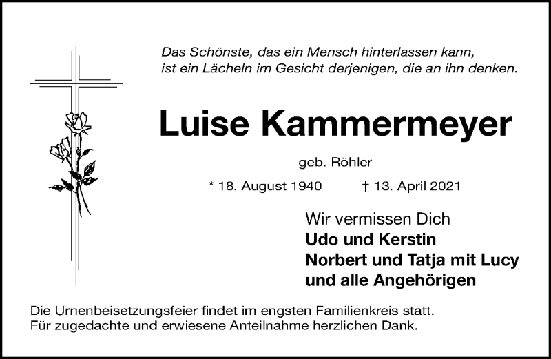  Traueranzeige für Luise Kammermeyer vom 05.05.2021 aus Fürther Nachrichten Lokal