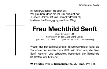 Traueranzeige von Mechthild Senft von Gesamtausgabe Nürnberger Nachrichten/ Nürnberger Ztg.