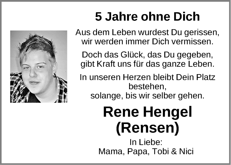  Traueranzeige für Rene Hengel vom 10.05.2021 aus Erlanger Nachrichten Lokal