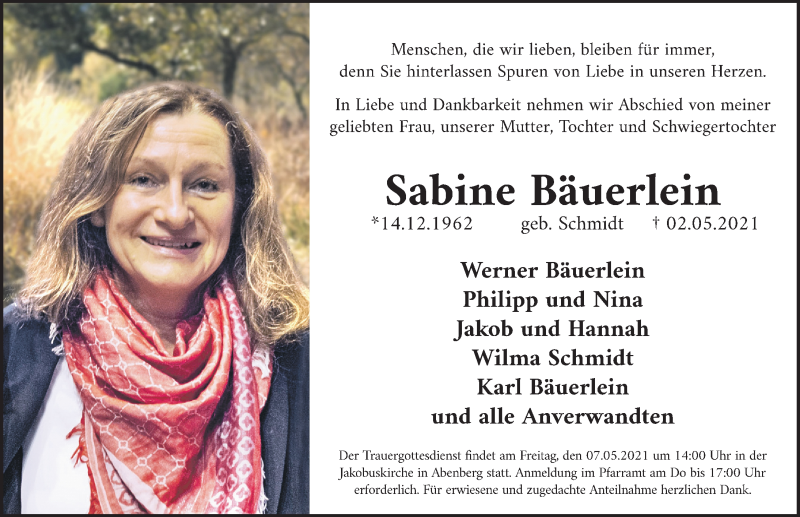  Traueranzeige für Sabine Bäuerlein vom 06.05.2021 aus Schwabacher Tagblatt Lokal