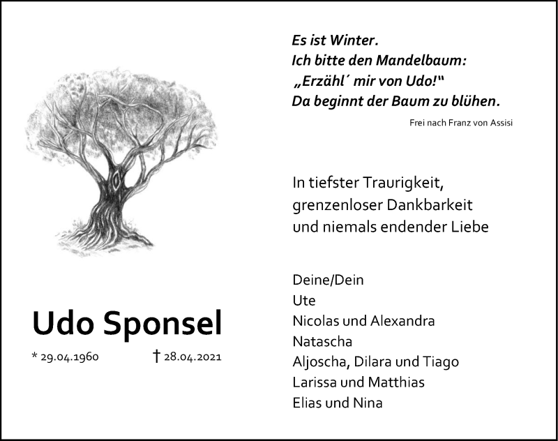  Traueranzeige für Udo Sponsel vom 03.05.2021 aus Fürther Nachrichten Lokal