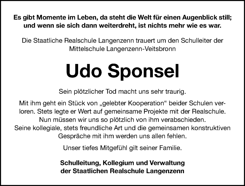  Traueranzeige für Udo Sponsel vom 07.05.2021 aus Fürther Nachrichten Lokal