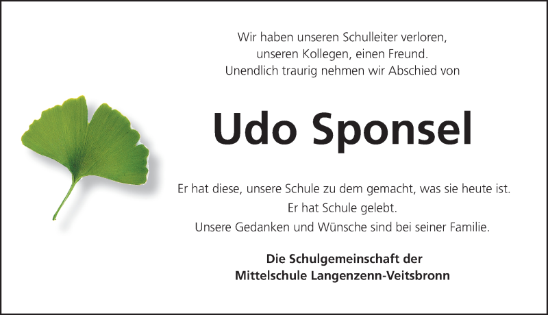  Traueranzeige für Udo Sponsel vom 05.05.2021 aus Fürther Nachrichten Lokal