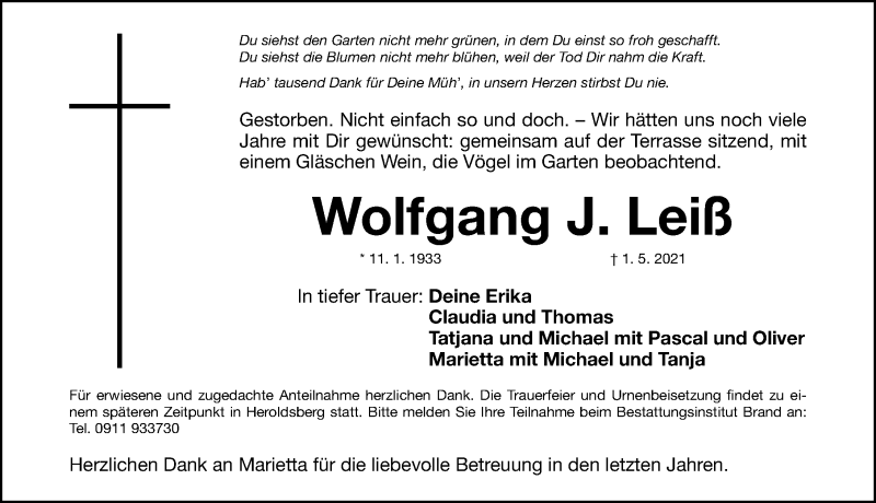  Traueranzeige für Wolfgang J. Leiß vom 08.05.2021 aus Gesamtausgabe Nürnberger Nachrichten/ Nürnberger Ztg.