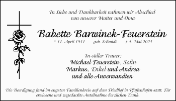 Traueranzeige von Babette Barwinek-Feuerstein von Schwabacher Tagblatt Lokal