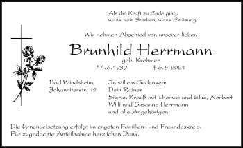 Traueranzeige von Brunhild Herrmann von Windsheimer Zeitung Lokal