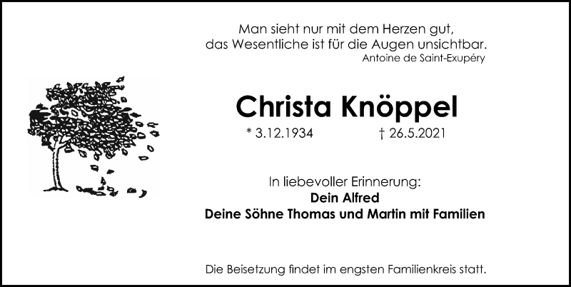 Traueranzeige für Christa Knöppel vom 29.05.2021 aus Schwabacher Tagblatt Lokal