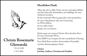 Traueranzeige von Christa Rosemarie Glowatzki von Windsheimer Zeitung Lokal