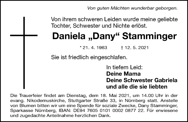  Traueranzeige für Daniela Stamminger vom 15.05.2021 aus Gesamtausgabe Nürnberger Nachrichten/ Nürnberger Ztg.