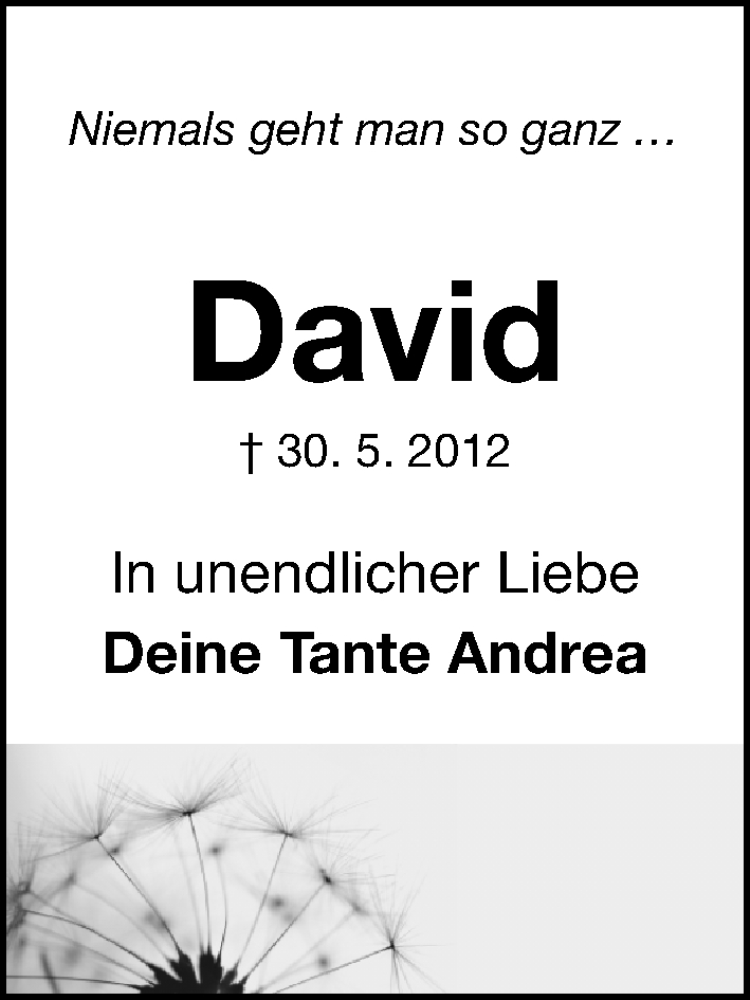  Traueranzeige für David Müller vom 29.05.2021 aus Erlanger Nachrichten Lokal