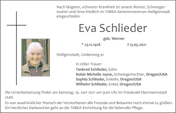 Traueranzeige von Eva Schlieder von Nordbayerische Nachrichten Forchheim Lokal
