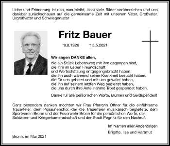 Traueranzeige von Fritz Bauer von Nordbayerische Nachrichten Pegnitz Lokal