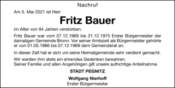 Traueranzeige von Fritz Bauer von Nordbayerische Nachrichten Pegnitz Lokal