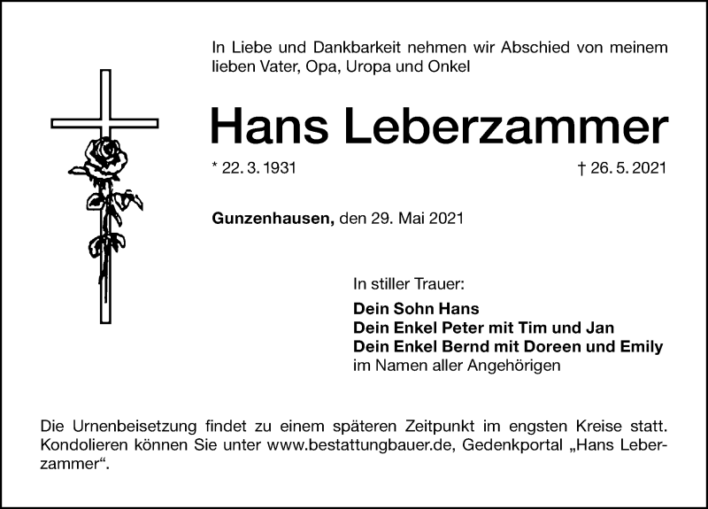  Traueranzeige für Hans Leberzammer vom 29.05.2021 aus Altmühl-Bote Lokal