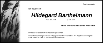 Traueranzeige von Hildegard Barthelmann von Gesamtausgabe Nürnberger Nachrichten/ Nürnberger Ztg./ Nordbayer. Nachrichten Pegnitz