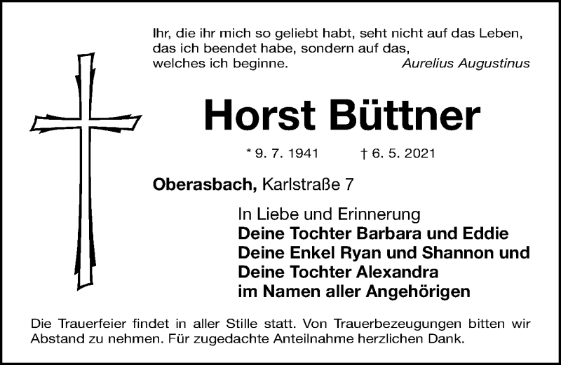  Traueranzeige für Horst Büttner vom 15.05.2021 aus Gesamtausgabe Nürnberger Nachrichten/ Nürnberger Ztg.