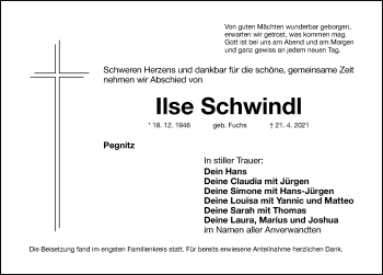 Traueranzeige von Ilse Schwindl von Nordbayerische Nachrichten Pegnitz Lokal