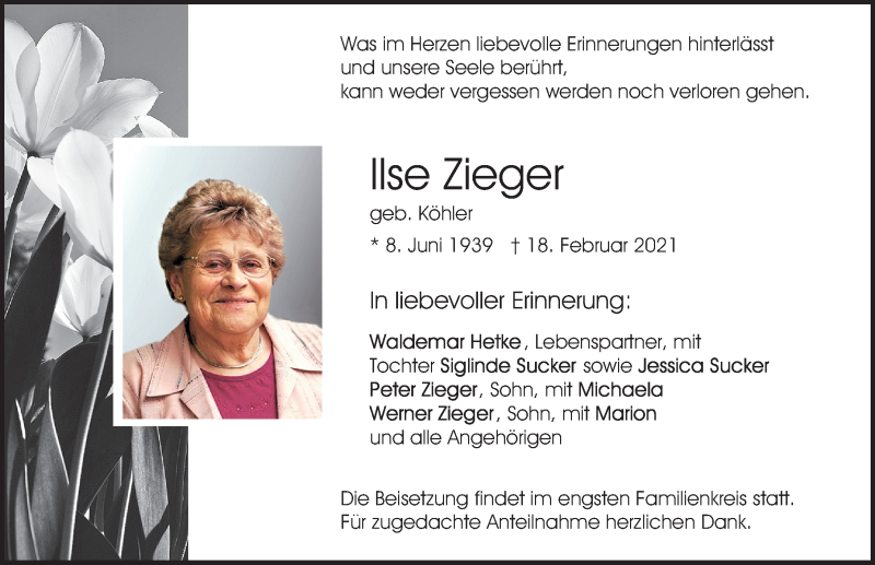  Traueranzeige für Ilse Zieger vom 27.05.2021 aus Neumarkter Nachrichten Lokal