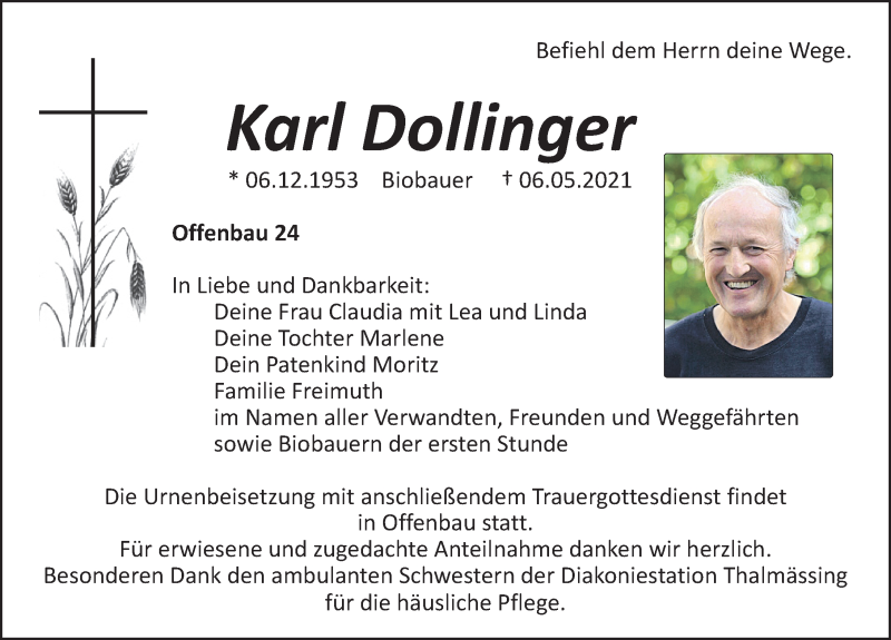  Traueranzeige für Karl Dollinger vom 12.05.2021 aus Roth-Hilpoltsteiner Volkszeitung Lokal