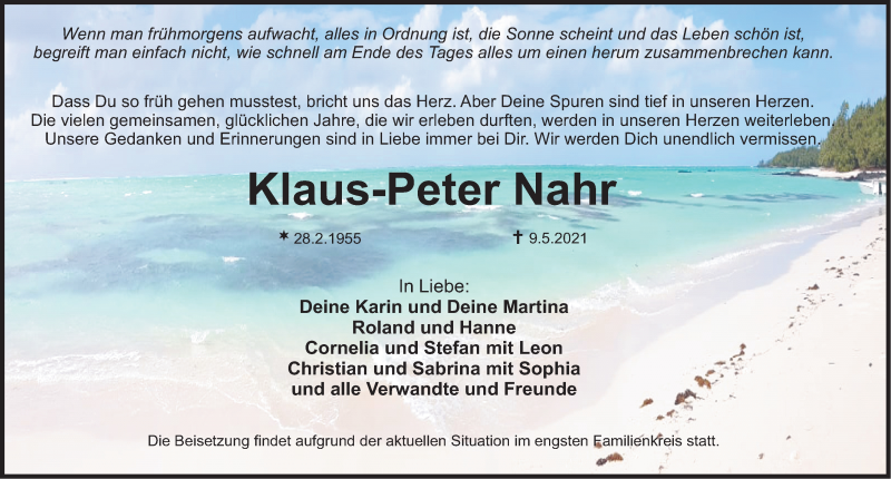  Traueranzeige für Klaus-Peter Nahr vom 15.05.2021 aus Nordbayerische Nachrichten Herzogenaurach Lokal