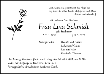 Traueranzeige von Lina Schmidt von Windsheimer Zeitung Lokal