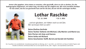 Traueranzeige von Lothar Raschke von Gesamtausgabe Nürnberger Nachrichten/ Nürnberger Ztg.