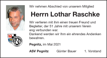 Traueranzeige von Lothar Raschke von Nordbayerische Nachrichten Pegnitz Lokal