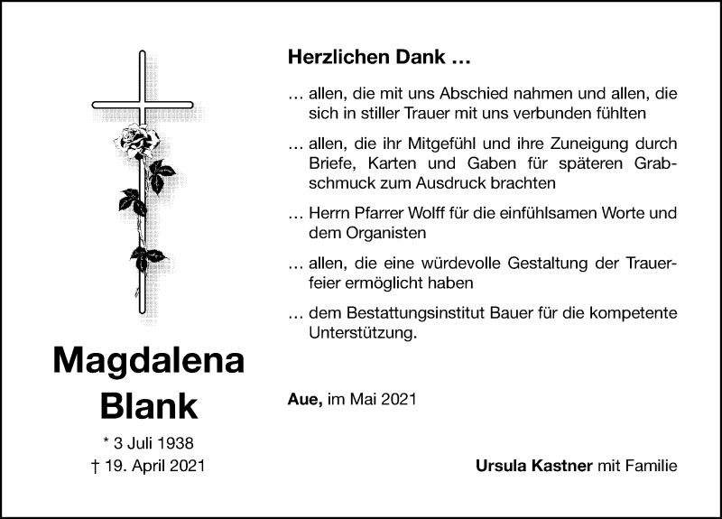  Traueranzeige für Magdalena Blank vom 15.05.2021 aus Altmühl-Bote Lokal