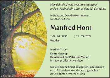 Traueranzeige von Manfred Horn von Nordbayerische Nachrichten Pegnitz Lokal