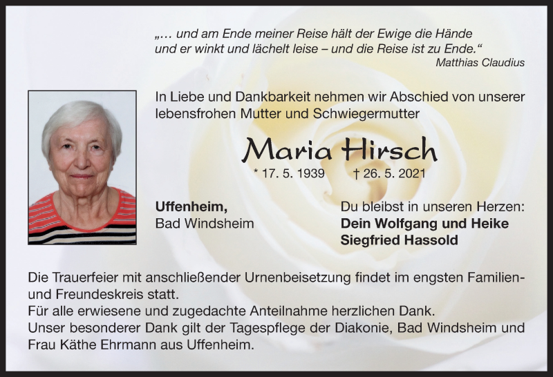  Traueranzeige für Maria Hirsch vom 29.05.2021 aus Windsheimer Zeitung Lokal