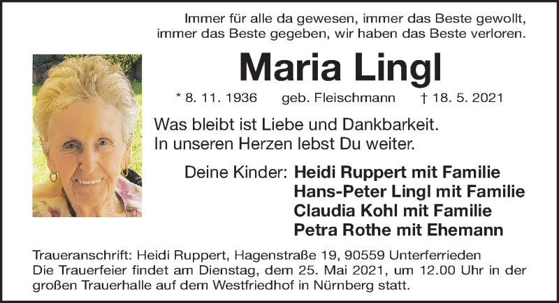  Traueranzeige für Maria Lingl vom 22.05.2021 aus Gesamtausgabe Nürnberger Nachrichten/ Nürnberger Ztg.